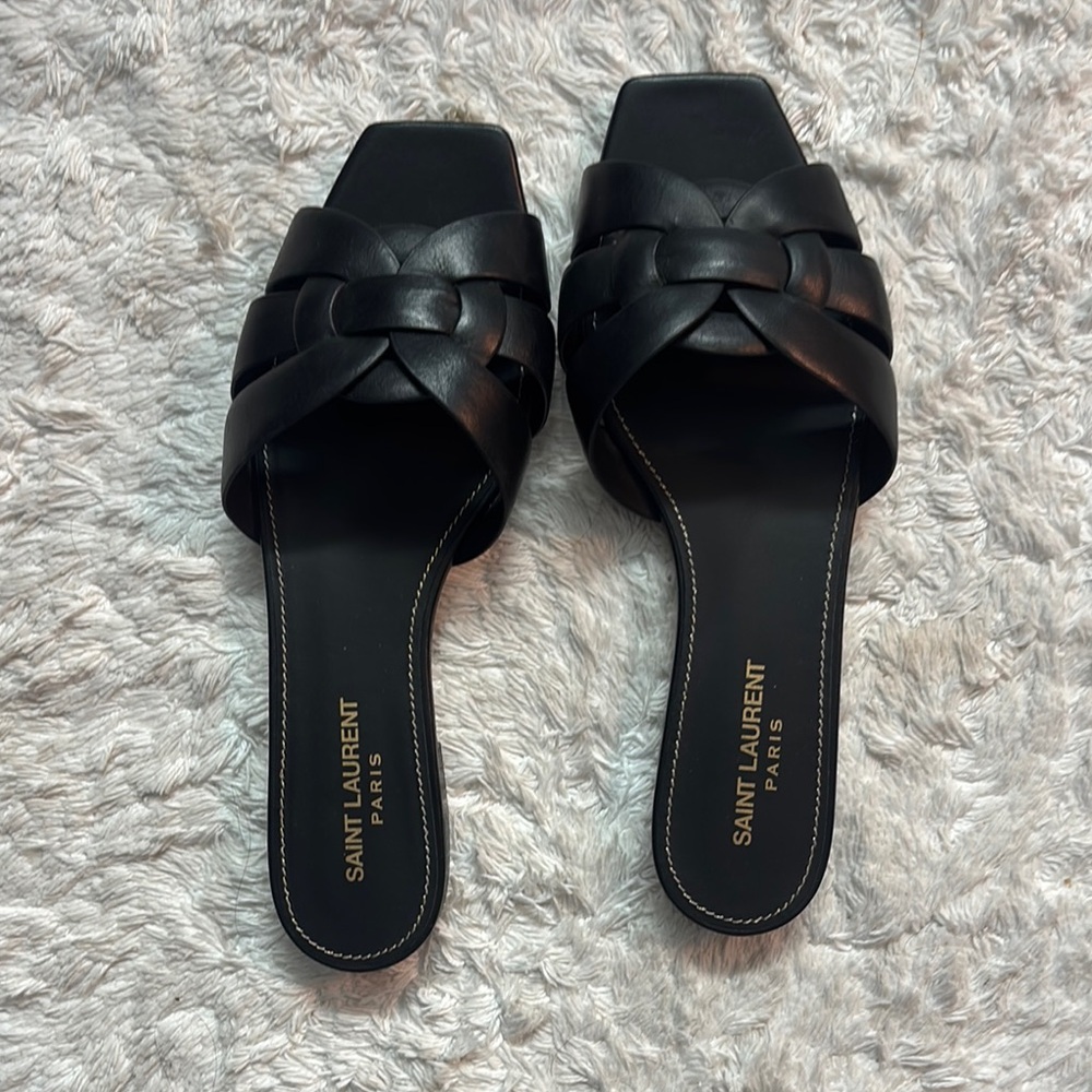Authentic Saint Laurent Black Leather Braided Slide Sandals